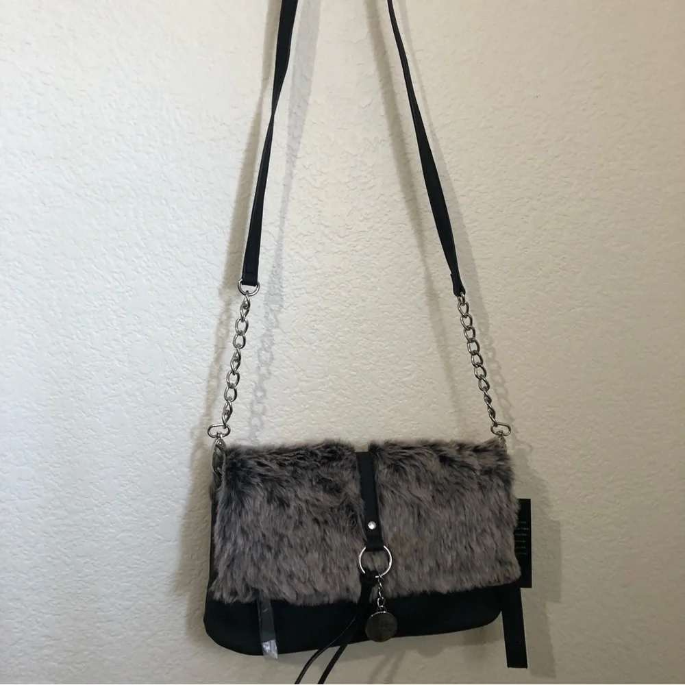 Nicole Miller Faux Fur Foldover Purse Handbag Charm Black NWT $88 - Picture 2 of 13